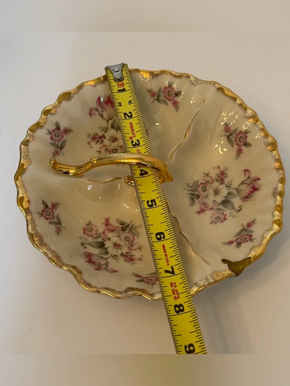 Antique 22k Gold Trim Divided Floral Relish Serving Dish Bowl with Handle